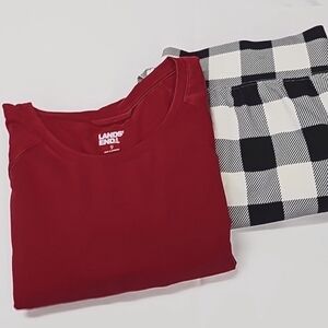 Lands' End Fleece Lined Leggings & LS Tee, Buffalo Plaid Blk White, Red XL 18